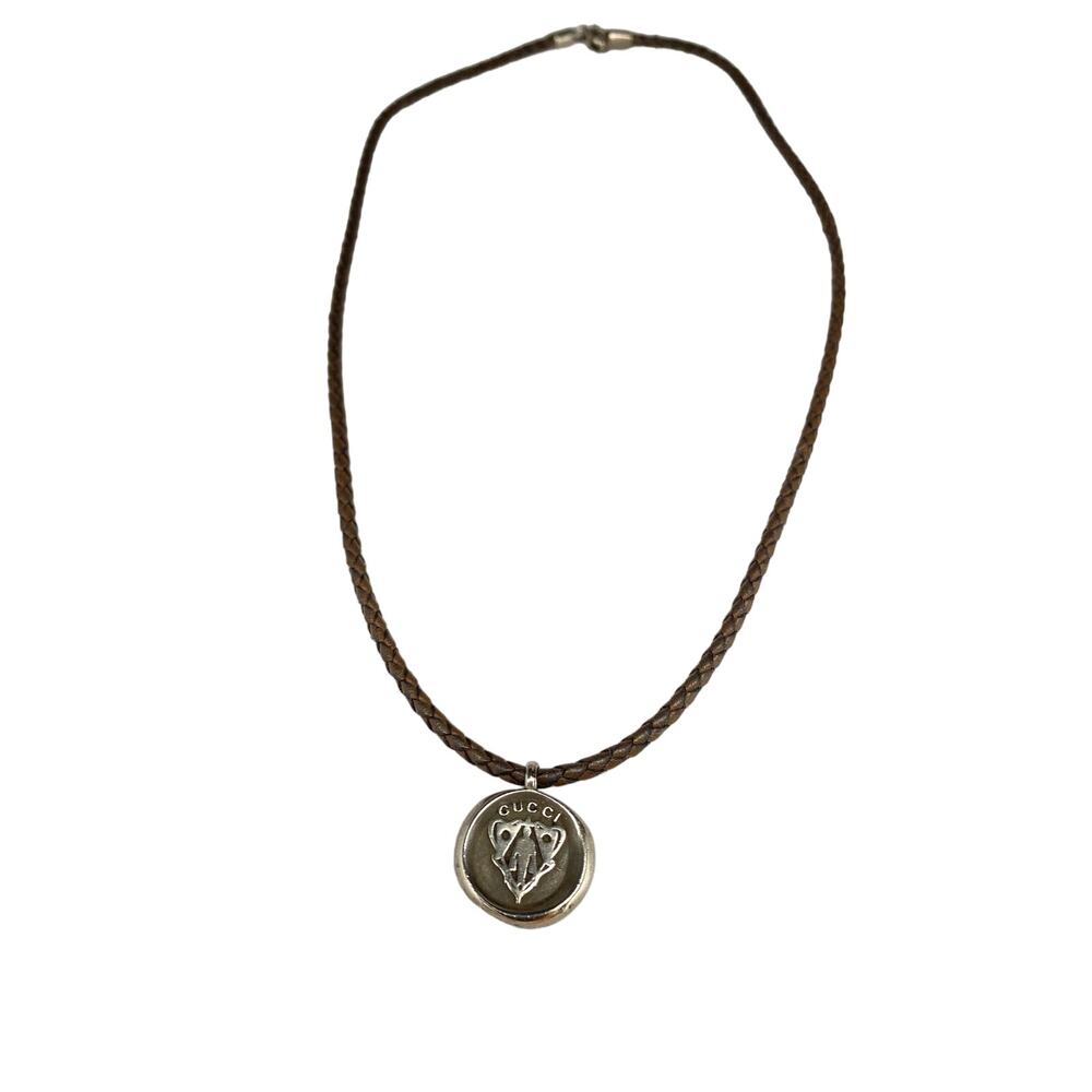 Gucci Sterling Silver Woven Black Leather Crest Tag Pendant Necklace